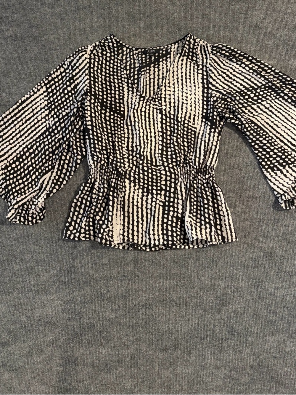 AUW Black and White Dot-Stripe V-Neck Peplum Blouse